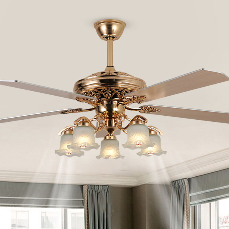 Traditional European Bell Floral Iron Wood PVC Glass Multi Light Downrod Ceiling Fan Light-Orizon Depot