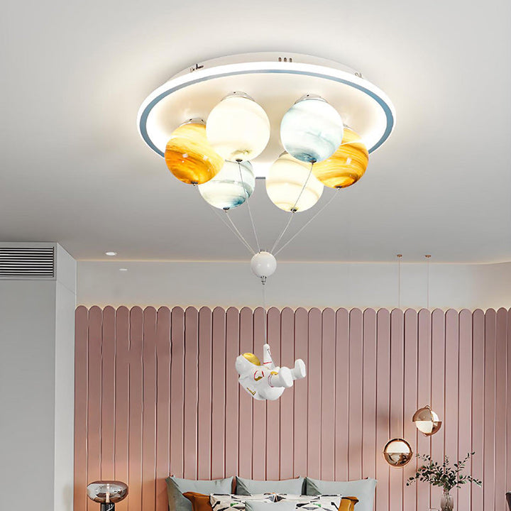 Modern Creative Kids Planet Space Hot Air Balloon Astronaut Iron Resin Glass 6-Light LED Semi-Flush Ceiling Lamp-Orizon Depot