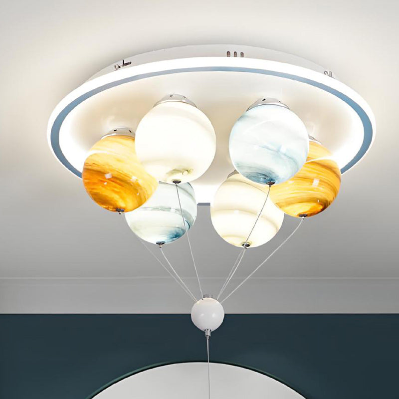 Modern Creative Kids Planet Space Hot Air Balloon Astronaut Iron Resin Glass 6-Light LED Semi-Flush Ceiling Lamp-Orizon Depot