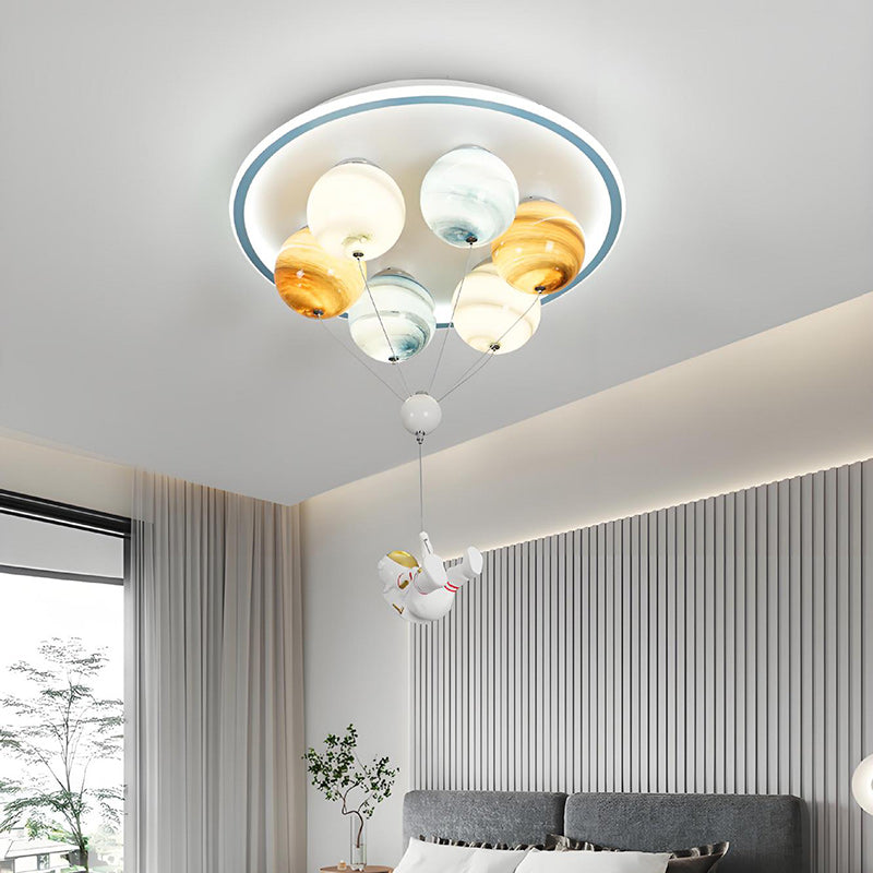 Modern Creative Kids Planet Space Hot Air Balloon Astronaut Iron Resin Glass 6-Light LED Semi-Flush Ceiling Lamp-Orizon Depot
