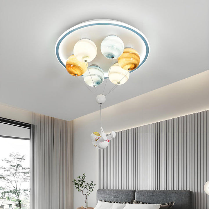 Modern Creative Kids Planet Space Hot Air Balloon Astronaut Iron Resin Glass 6-Light LED Semi-Flush Ceiling Lamp-Orizon Depot