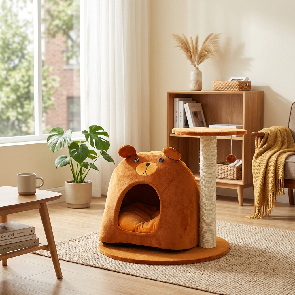 Teddy Bear-Shaped Honey Pot Cat Tree Condo with Perch for Living Room-Orizon Depot