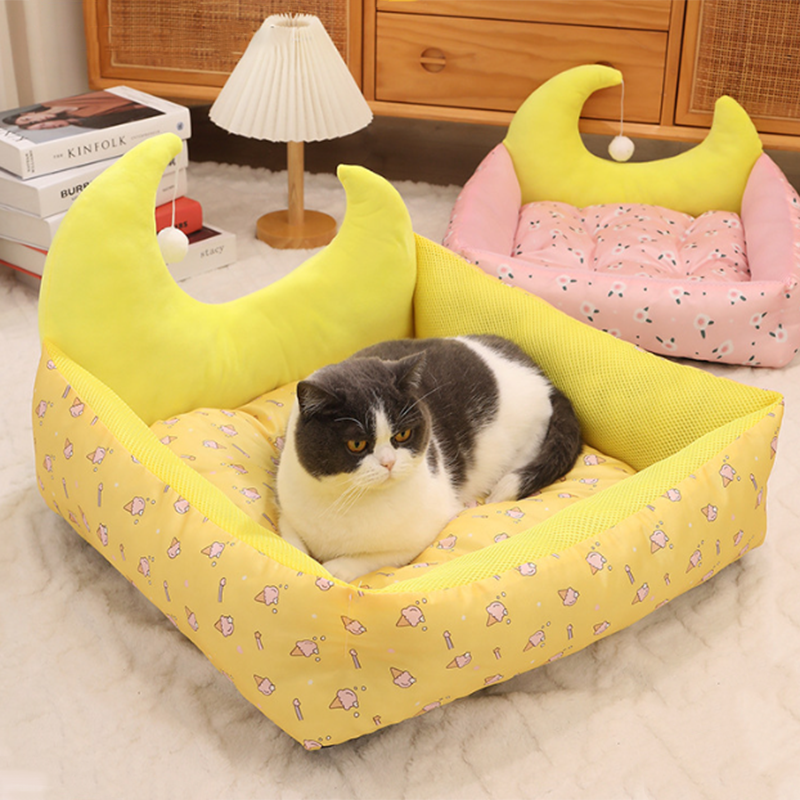 Modern Rectangular Moon-Shaped Cat Bed with Toy Ball for Home Use-Orizon Depot