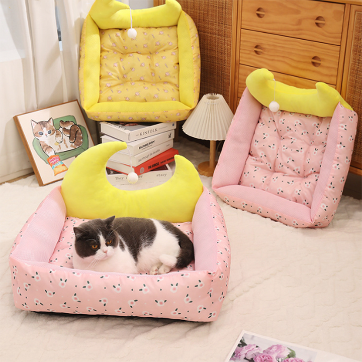 Modern Rectangular Moon-Shaped Cat Bed with Toy Ball for Home Use-Orizon Depot