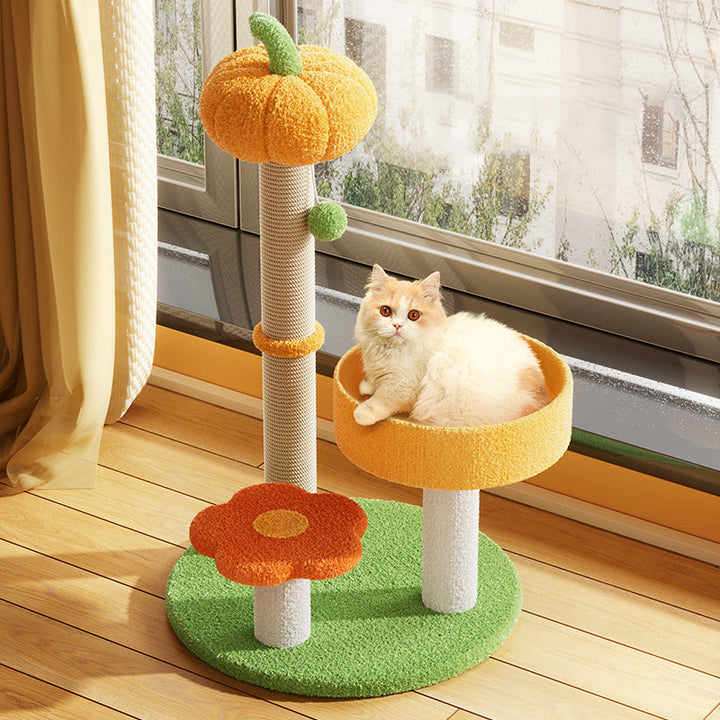 Modern Cylindrical Pumpkin Bee Flower Design Plush Cat Tree for Bedroom-Orizon Depot