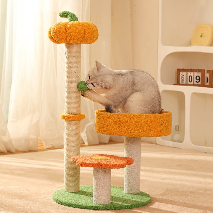 Modern Cylindrical Pumpkin Bee Flower Design Plush Cat Tree for Bedroom-Orizon Depot