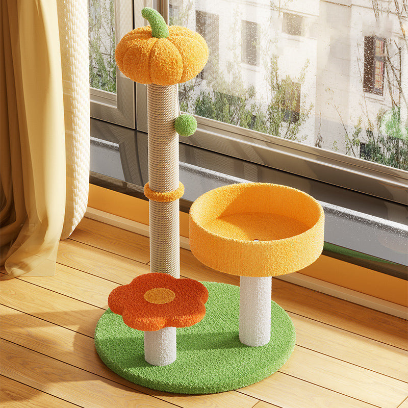 Modern Cylindrical Pumpkin Bee Flower Design Plush Cat Tree for Bedroom-Orizon Depot