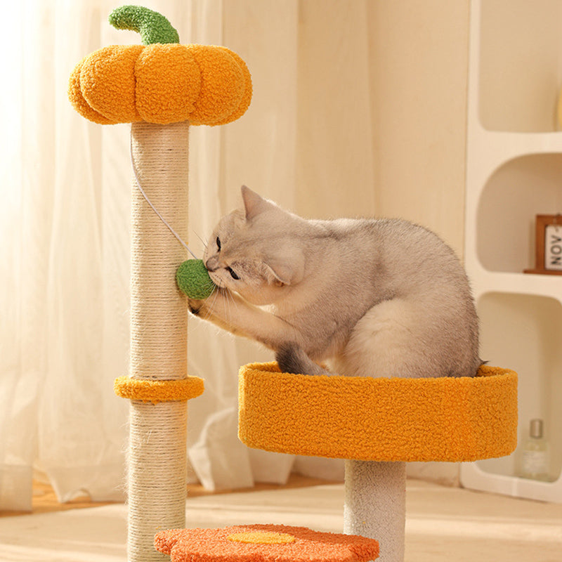 Modern Cylindrical Pumpkin Bee Flower Design Plush Cat Tree for Bedroom-Orizon Depot