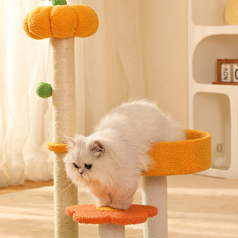 Modern Cylindrical Pumpkin Bee Flower Design Plush Cat Tree for Bedroom-Orizon Depot