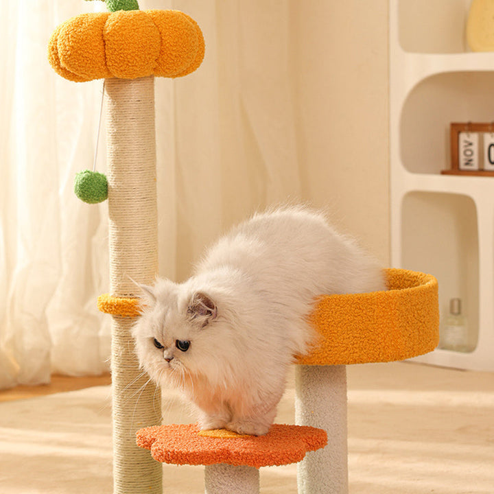 Modern Cylindrical Pumpkin Bee Flower Design Plush Cat Tree for Bedroom-Orizon Depot