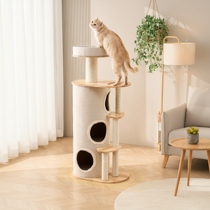 Modern Scandinavian Round Sisal Multi-Layer Wood Cat Tree for Home-Orizon Depot