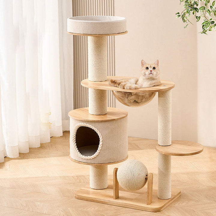 Modern Scandinavian Round Sisal Multi-Layer Wood Cat Tree for Home-Orizon Depot