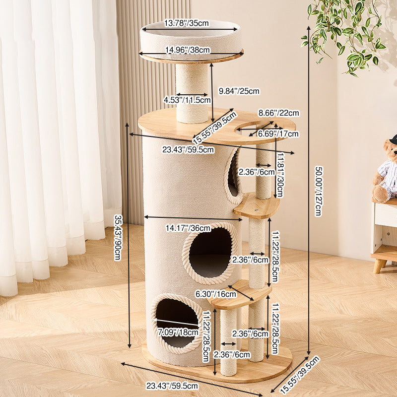 Modern Scandinavian Round Sisal Multi-Layer Wood Cat Tree for Home-Orizon Depot