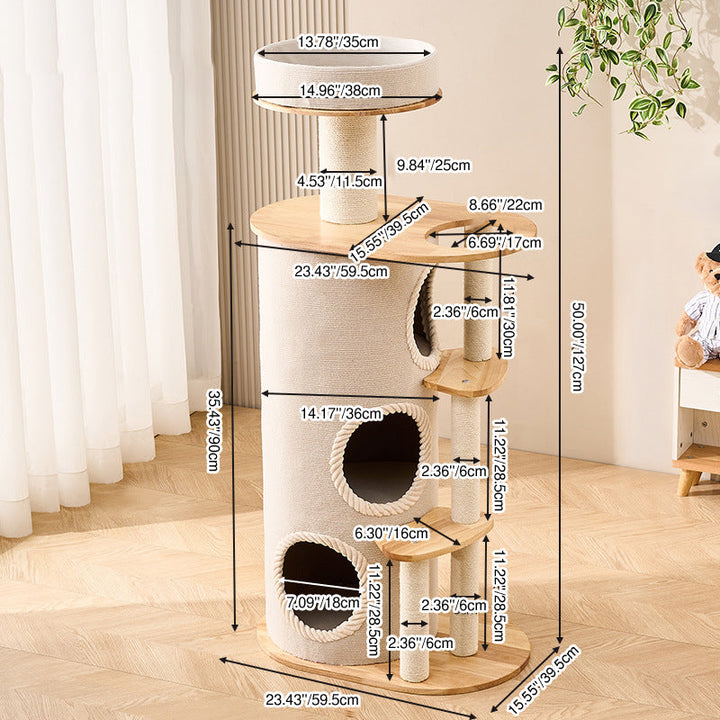 Modern Scandinavian Round Sisal Multi-Layer Wood Cat Tree for Home-Orizon Depot