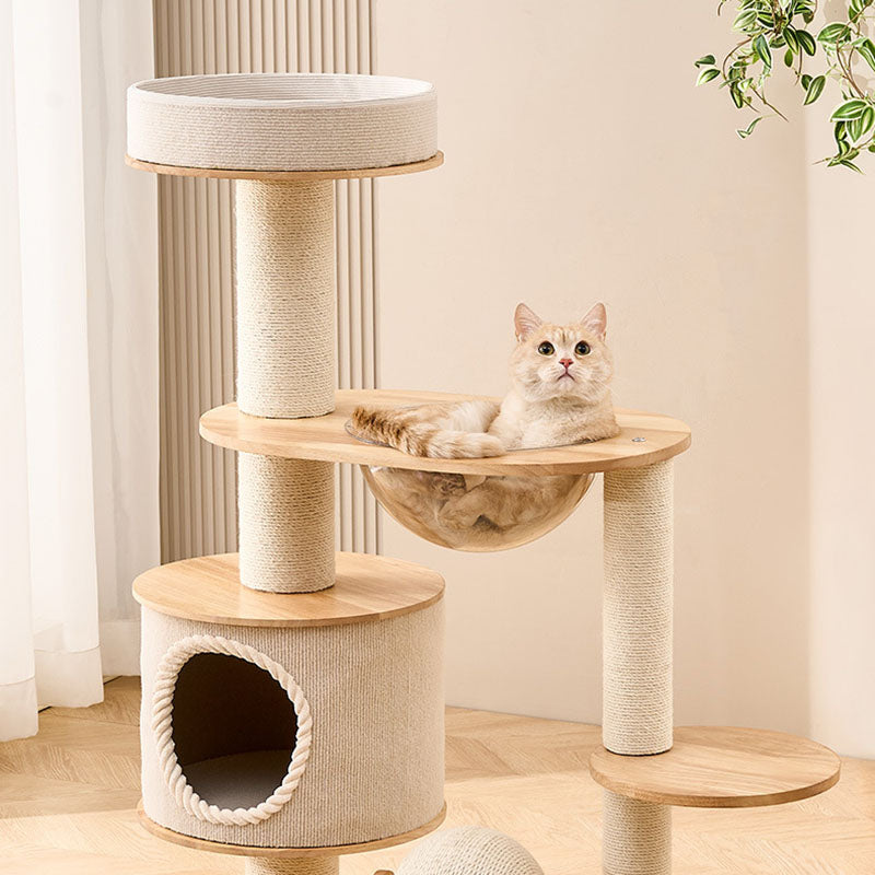 Modern Scandinavian Round Sisal Multi-Layer Wood Cat Tree for Home-Orizon Depot
