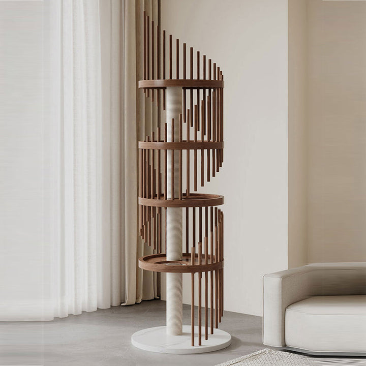 Art Deco Round Rubberwood Cat Tree with Spiral Design for Living Room-Orizon Depot