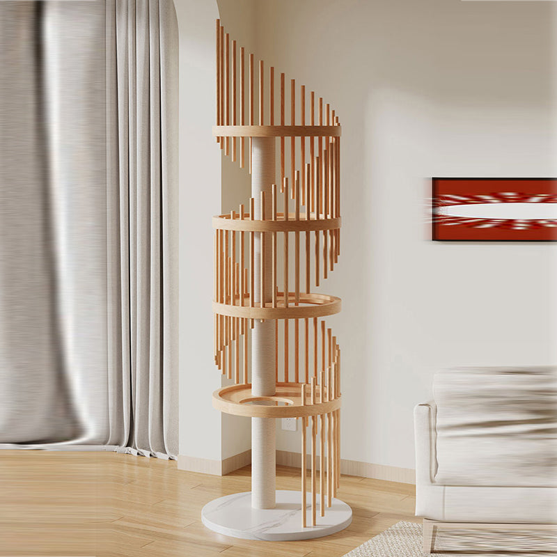Art Deco Round Rubberwood Cat Tree with Spiral Design for Living Room-Orizon Depot