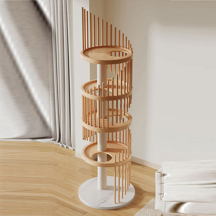 Art Deco Round Rubberwood Cat Tree with Spiral Design for Living Room-Orizon Depot