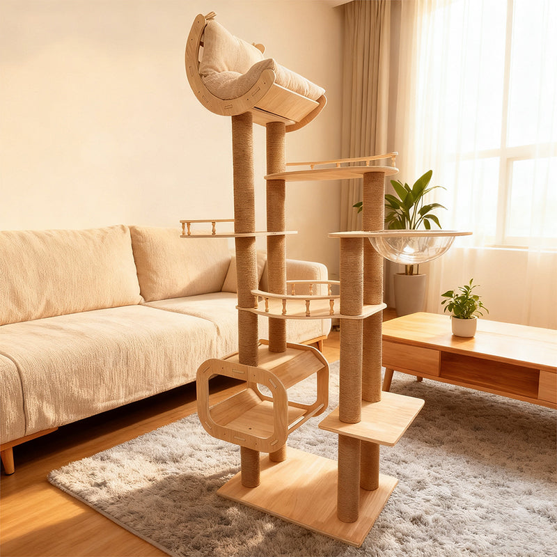 Modern Scandinavian Multi-Layer Solid Wood Cat Tree for Living Room-Orizon Depot