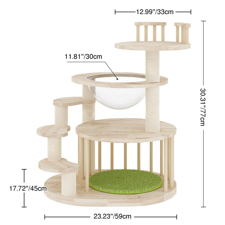 Modern Round Solid Oak Cat Tree with Velvet Fabric and Rope - 3/4/5-Tier-Orizon Depot