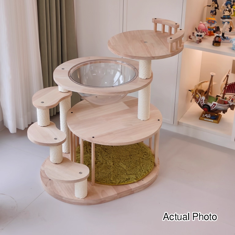 Modern Round Solid Oak Cat Tree with Velvet Fabric and Rope - 3/4/5-Tier-Orizon Depot