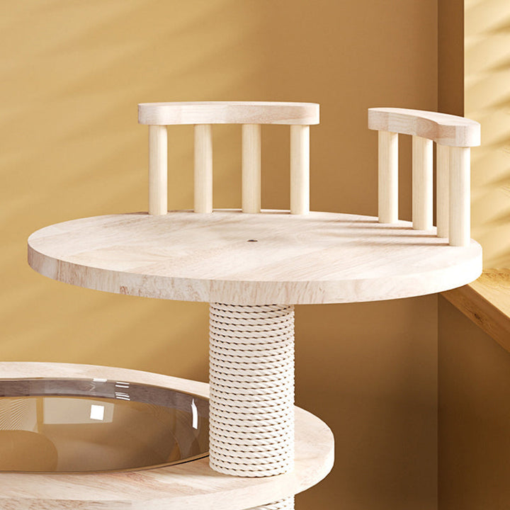 Modern Round Solid Oak Cat Tree with Velvet Fabric and Rope - 3/4/5-Tier-Orizon Depot
