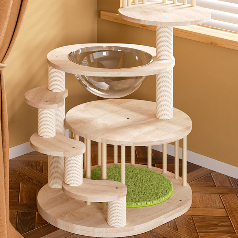 Modern Round Solid Oak Cat Tree with Velvet Fabric and Rope - 3/4/5-Tier-Orizon Depot