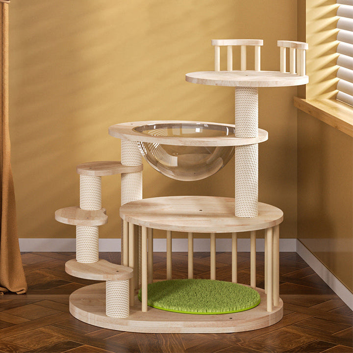 Modern Round Solid Oak Cat Tree with Velvet Fabric and Rope - 3/4/5-Tier-Orizon Depot