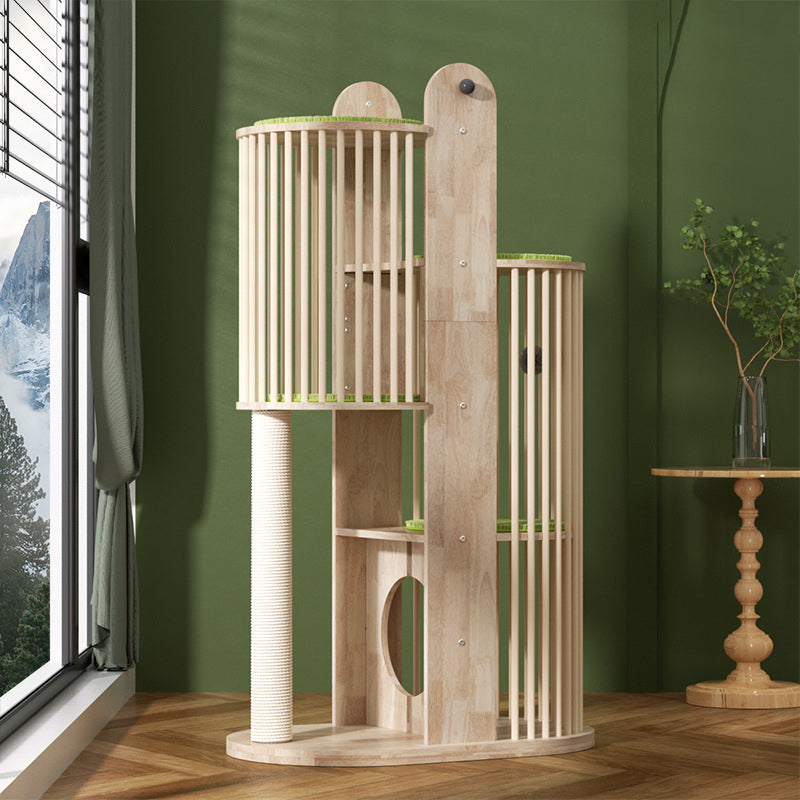 Modern Round Solid Oak Cat Tree with Velvet Fabric and Rope - 3/4/5-Tier-Orizon Depot