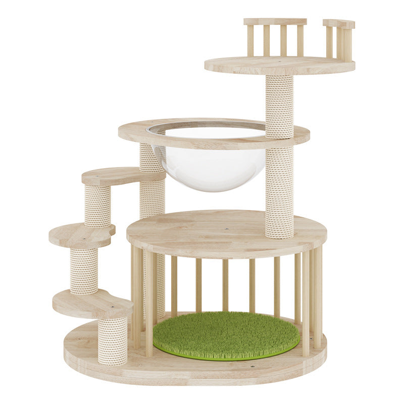 Modern Round Solid Oak Cat Tree with Velvet Fabric and Rope - 3/4/5-Tier-Orizon Depot