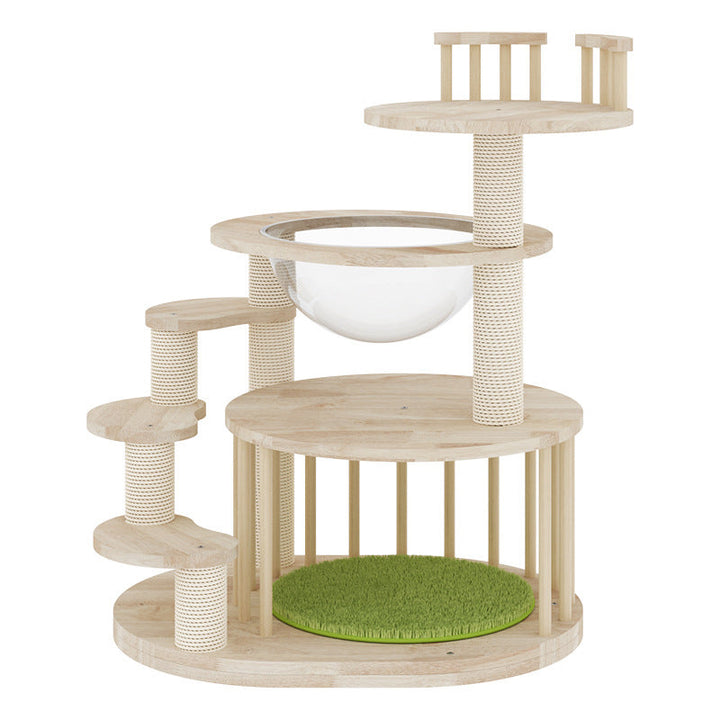 Modern Round Solid Oak Cat Tree with Velvet Fabric and Rope - 3/4/5-Tier-Orizon Depot