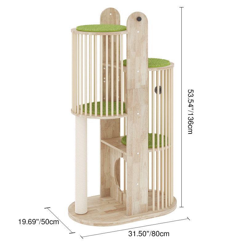 Modern Round Solid Oak Cat Tree with Velvet Fabric and Rope - 3/4/5-Tier-Orizon Depot