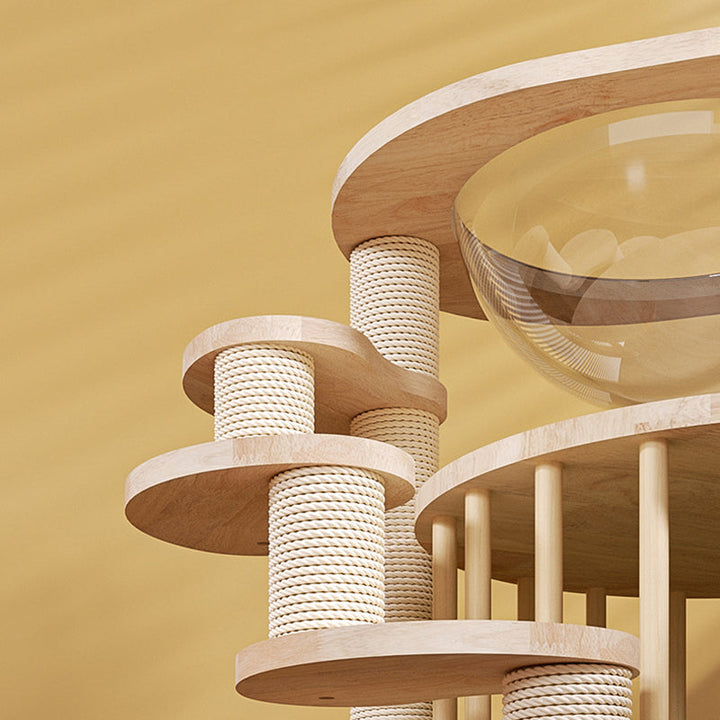 Modern Round Solid Oak Cat Tree with Velvet Fabric and Rope - 3/4/5-Tier-Orizon Depot