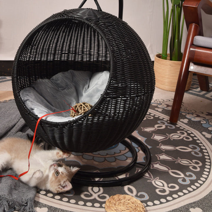 Boho Round Faux Rattan Handwoven Hanging Cat Bed for Bedroom-Orizon Depot