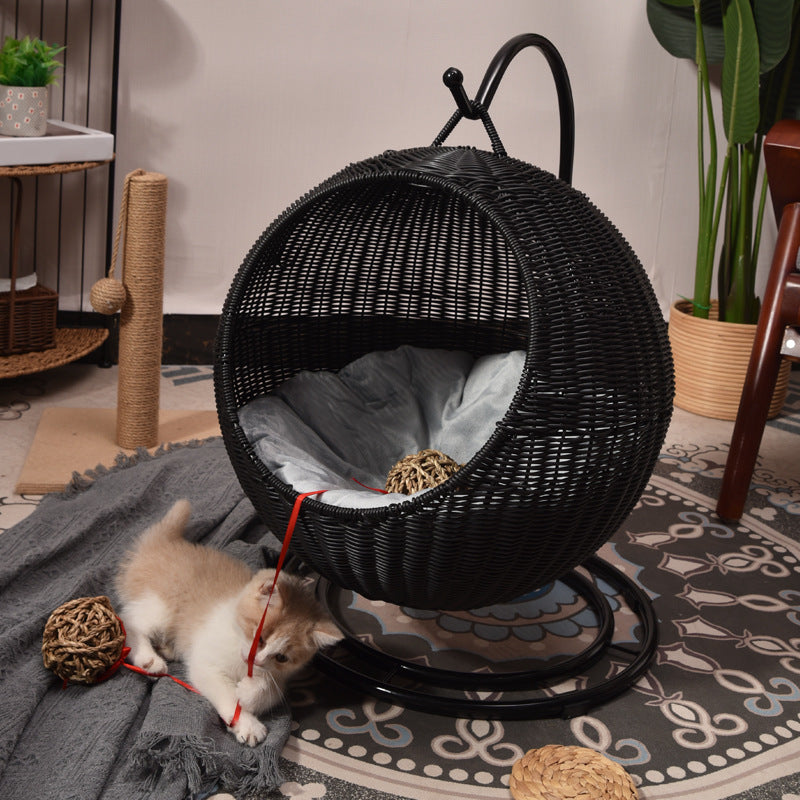 Boho Round Faux Rattan Handwoven Hanging Cat Bed for Bedroom-Orizon Depot