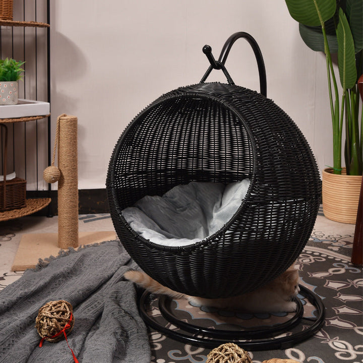 Boho Round Faux Rattan Handwoven Hanging Cat Bed for Bedroom-Orizon Depot