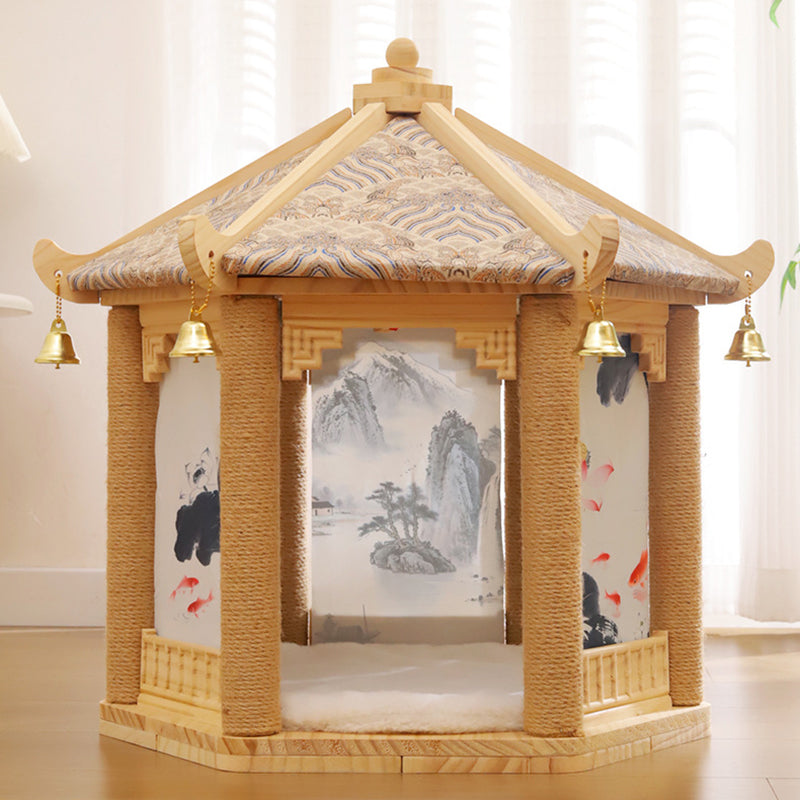 Hexagonal Solid Pine Wood Cat Tree with Fabric and Sisal Design-Orizon Depot
