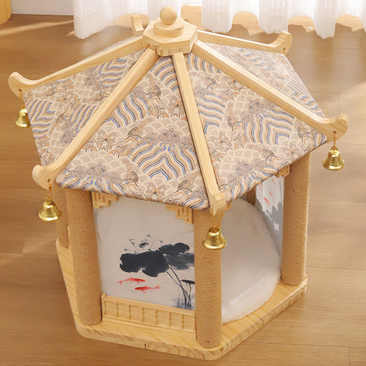 Hexagonal Solid Pine Wood Cat Tree with Fabric and Sisal Design-Orizon Depot