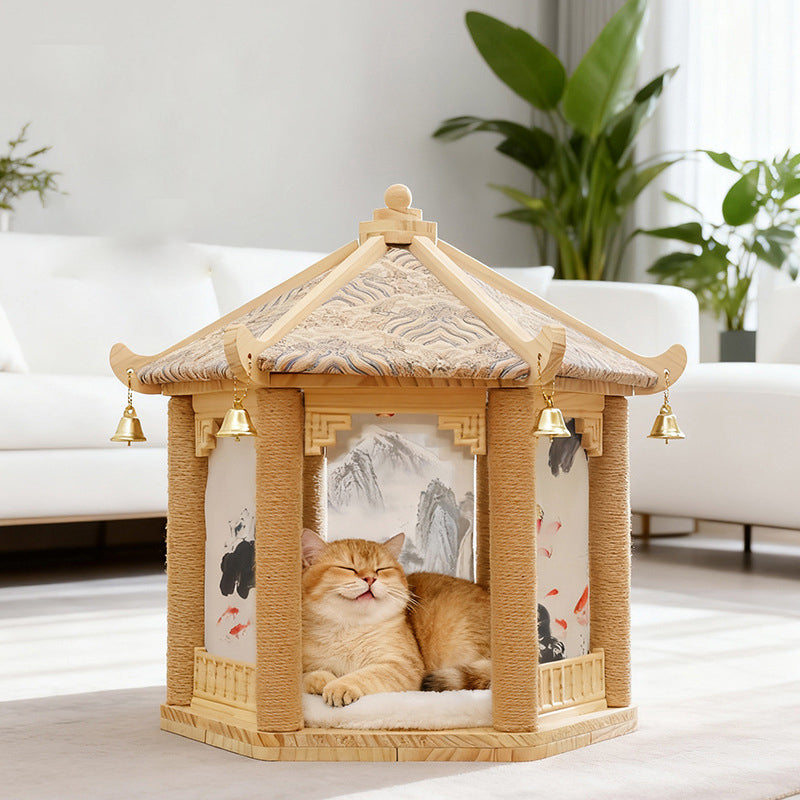 Hexagonal Solid Pine Wood Cat Tree with Fabric and Sisal Design-Orizon Depot