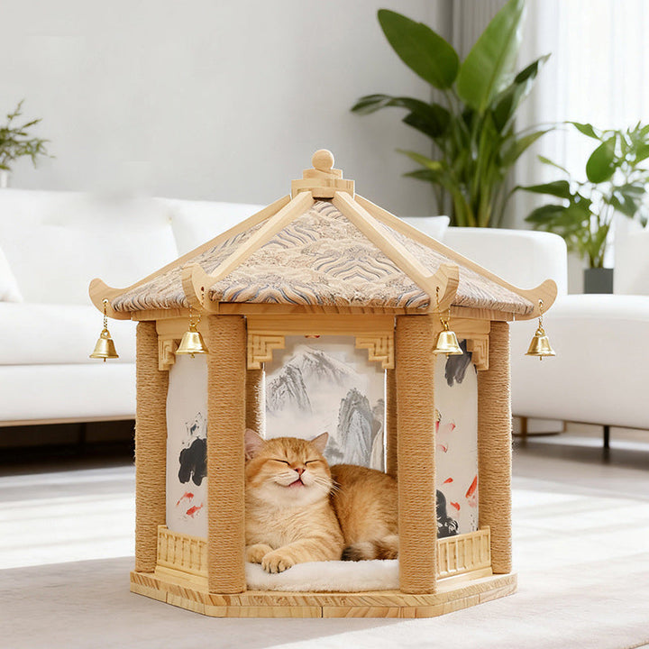 Hexagonal Solid Pine Wood Cat Tree with Fabric and Sisal Design-Orizon Depot
