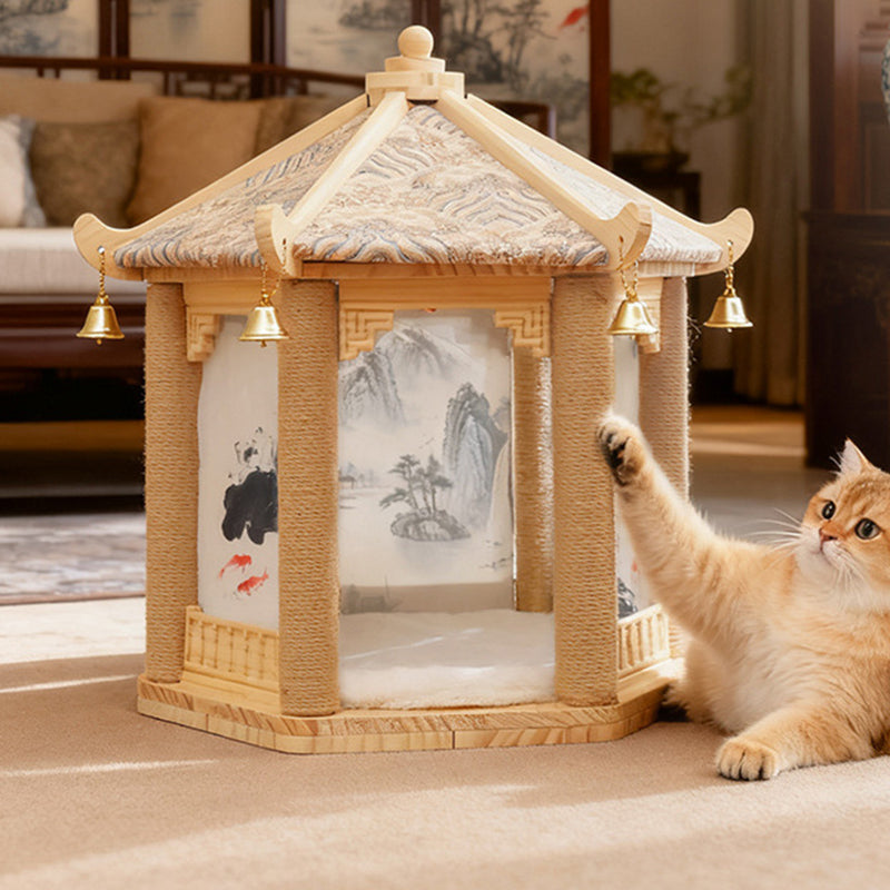 Hexagonal Solid Pine Wood Cat Tree with Fabric and Sisal Design-Orizon Depot