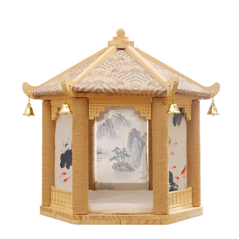 Hexagonal Solid Pine Wood Cat Tree with Fabric and Sisal Design-Orizon Depot