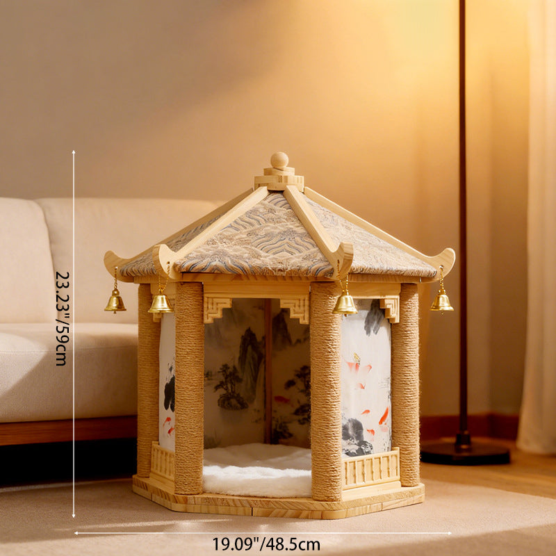 Hexagonal Solid Pine Wood Cat Tree with Fabric and Sisal Design-Orizon Depot