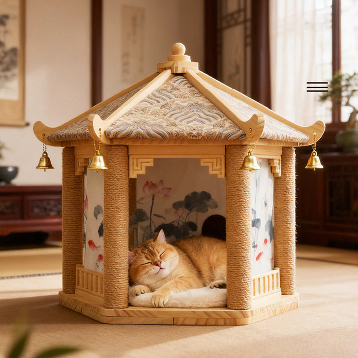 Hexagonal Solid Pine Wood Cat Tree with Fabric and Sisal Design-Orizon Depot