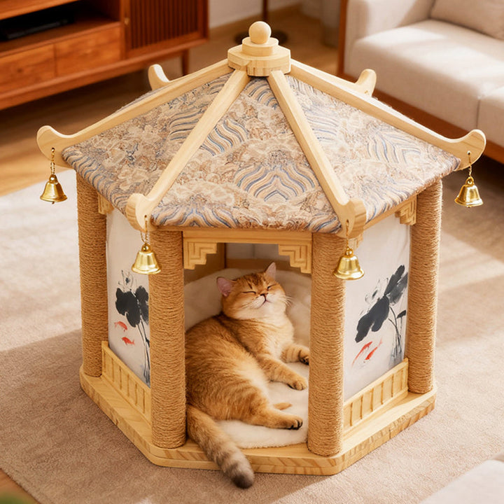 Hexagonal Solid Pine Wood Cat Tree with Fabric and Sisal Design-Orizon Depot