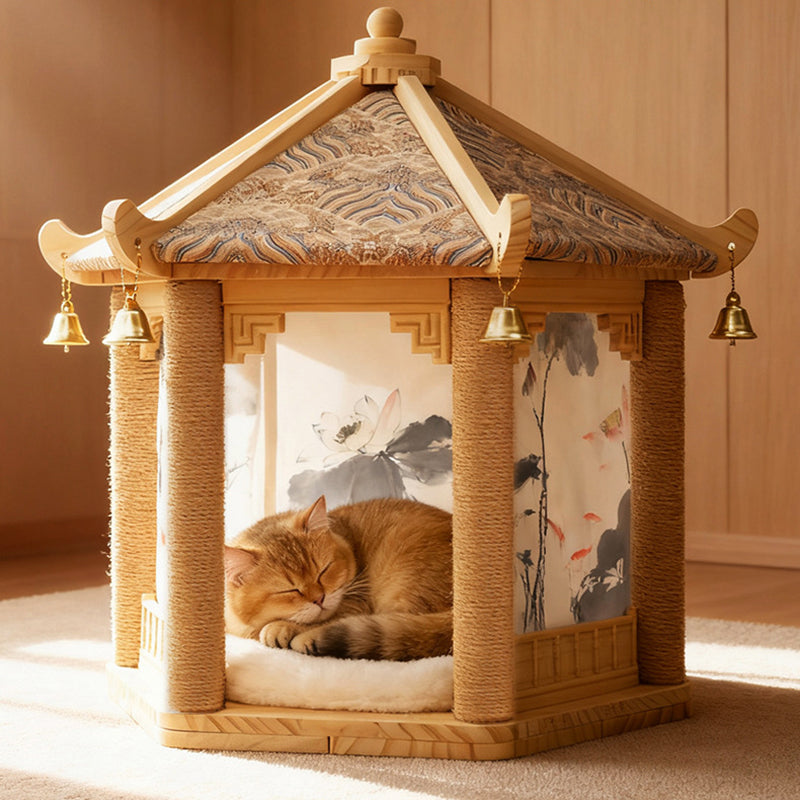 Hexagonal Solid Pine Wood Cat Tree with Fabric and Sisal Design-Orizon Depot