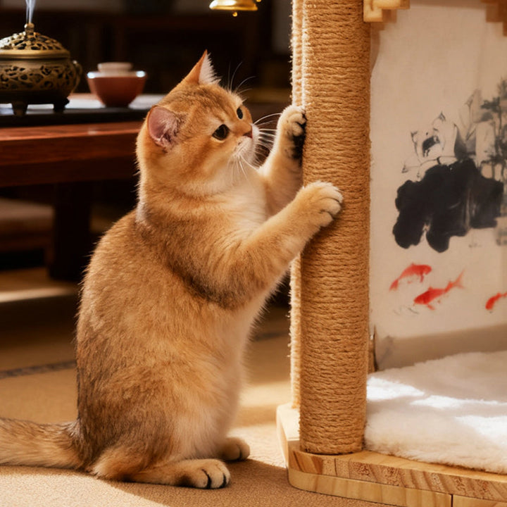 Hexagonal Solid Pine Wood Cat Tree with Fabric and Sisal Design-Orizon Depot