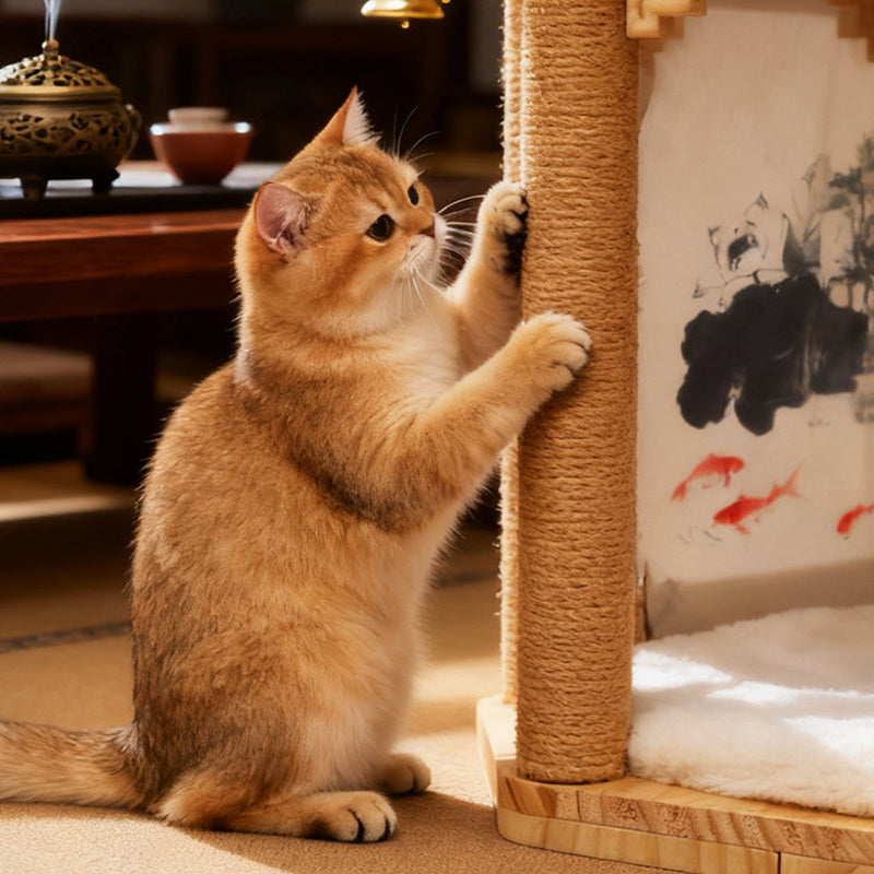 Hexagonal Solid Pine Wood Cat Tree with Fabric and Sisal Design-Orizon Depot