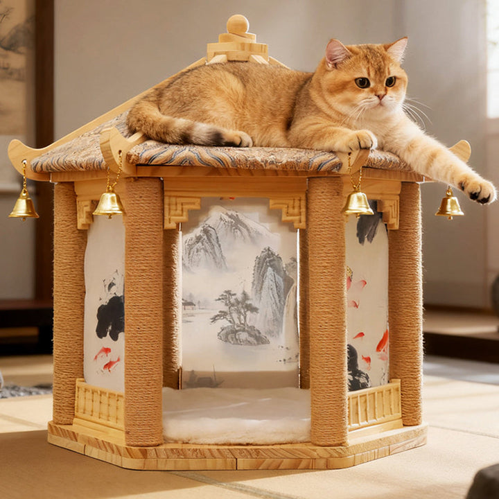 Hexagonal Solid Pine Wood Cat Tree with Fabric and Sisal Design-Orizon Depot
