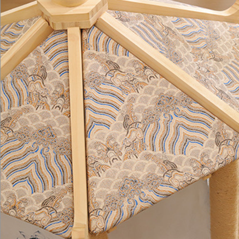 Hexagonal Solid Pine Wood Cat Tree with Fabric and Sisal Design-Orizon Depot